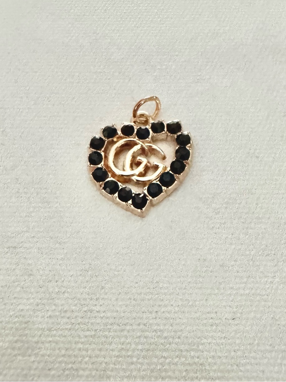 Gucci Gold Heart Pendant Charm with Black Crystals, Double G Logo, Authentic